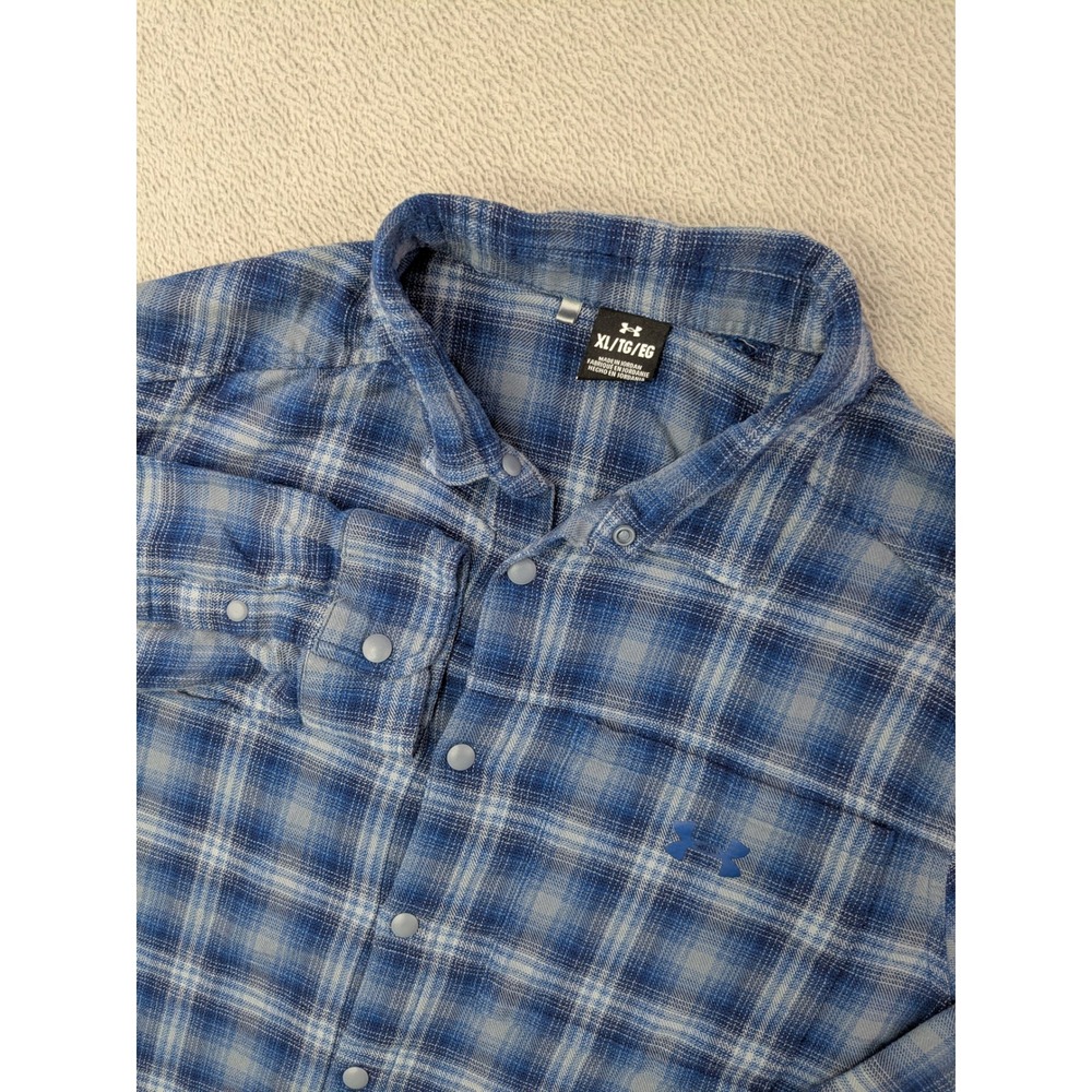 Under Armour Mens XL Blue Grey Plaid Flannel Long Sleeve Button Up Shirt